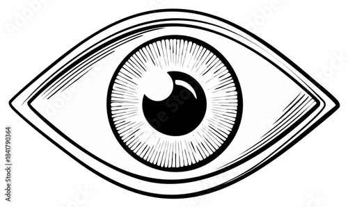 Graphic eye illustration in black and white, line art style