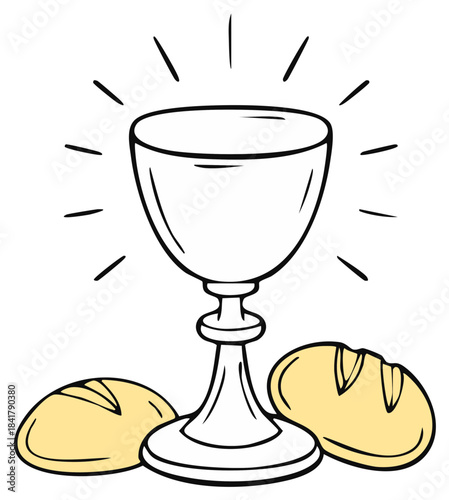 Hand drawn communion chalice with glowing light and sacred bread loaves illustration