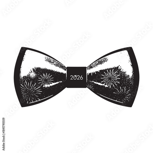 Stylish black bow tie with festive fireworks pattern and the year 2026 centerpiece description.