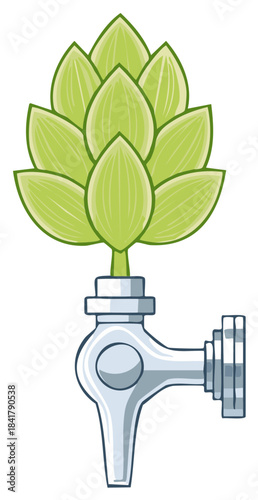 Green hop cone emerging from a polished metal beer tap creating a unique beverage concept