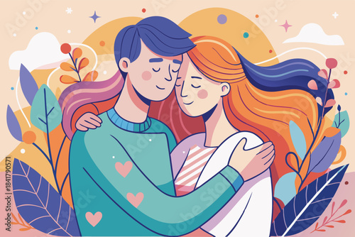 a couple sharing a soft hug minimalist line art