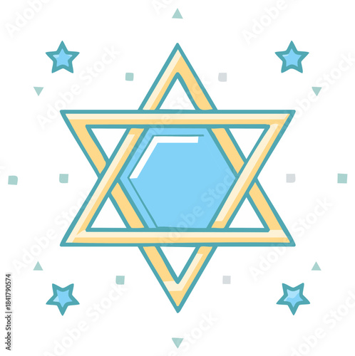 Stylized Star of David Graphic with Stars and Geometric Shapes, Light Blue and Yellow Color Scheme, Vector Style Illustration