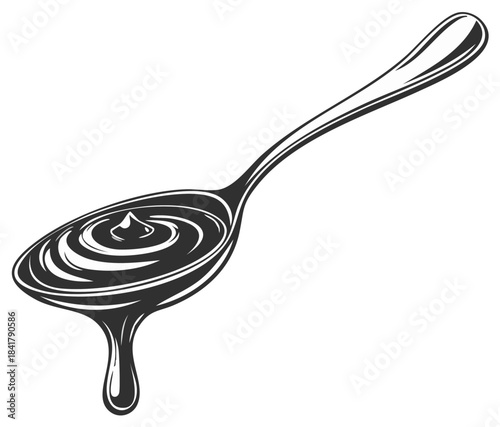 Spoon with Delicious Creamy Filling Drizzling Down Illustration Cooking Spoonful Chocolate Sauce Design
