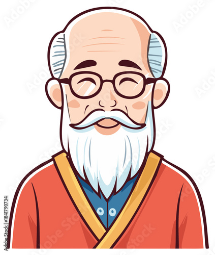 Elderly man with a white beard and glasses wearing a red robe smiling