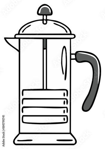 Hand drawn French press coffee maker illustration in a doodle style