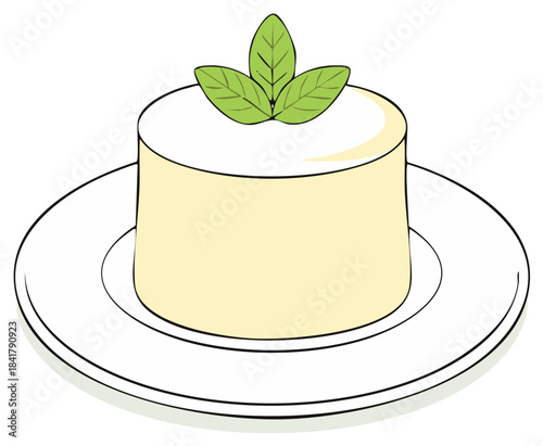 Delicious Cream Pudding Dessert with Mint Leaves on White Plate Illustration