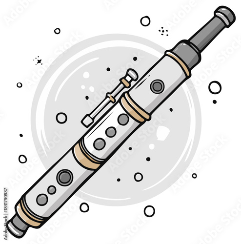 Illustration of a Classical Flute Music Instrument with Keys and Holes on Gray