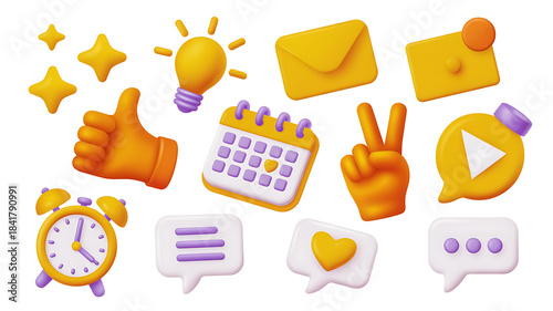A collection of 3d icons representing social media, communication, and notifications