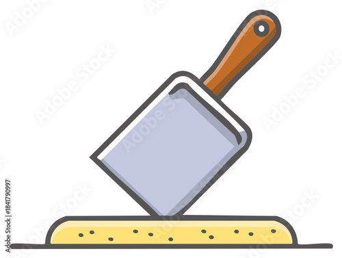 Metal trowel applying topping ingredient on a flat surface for baking, construction or gardening icon style