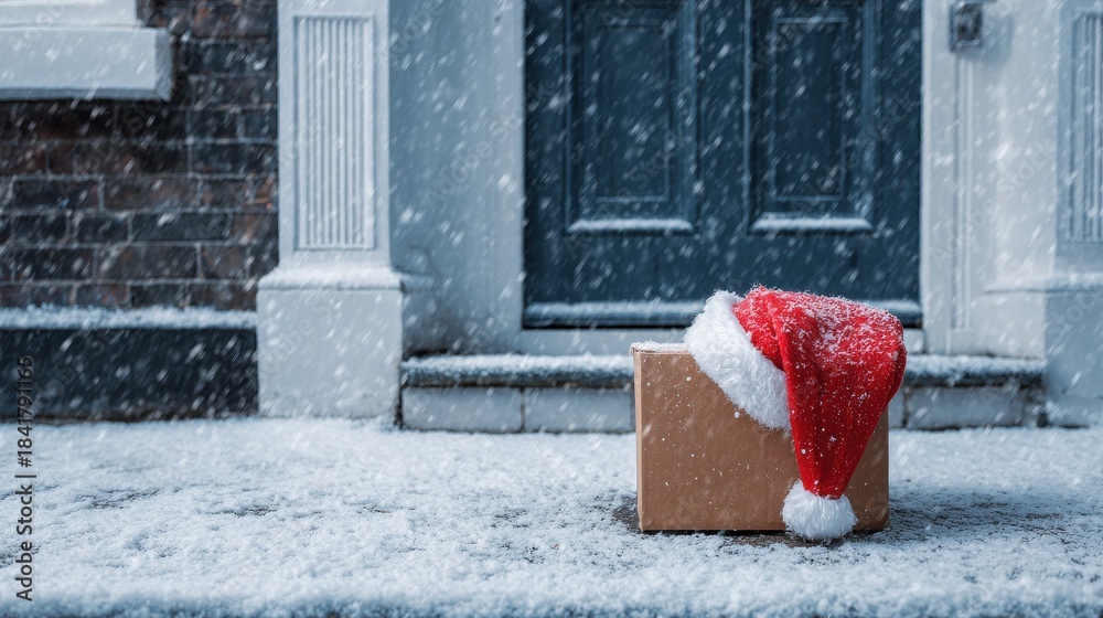 Obraz premium christmas charity food donation box with santa hat left on snowy doorstep for low income families