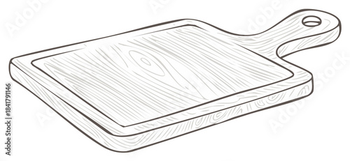 Simple Line Drawing of a Rectangular Wooden Cutting Board with a Handle and Wood Grain Detail