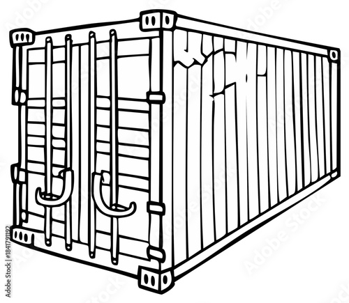 Damaged shipping container black and white vector line art illustration