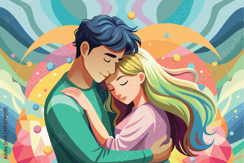 a loving couple gently hugging pastel colors