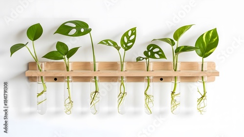 Pothos plants growing in test tube wall planters