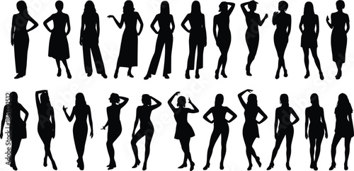 Elegant female silhouette collection featuring fashionable poses, standing gestures, stylish outfits and creative body shapes for fashion, lifestyle and design vector illustration