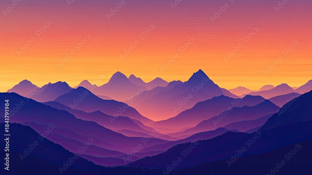 Fototapeta premium A wide composition of mountain ranges silhouetted against an intricate sky filled with fiery oranges and soft violets at sunset
