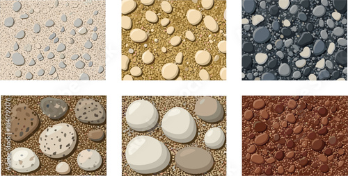 Collage of six different natural stone and pebble textures