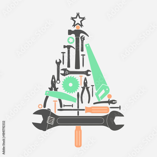 Creative Christmas tree made from various hand tools and construction equipment on a plain background, symbolizing a festive and handy spirit.