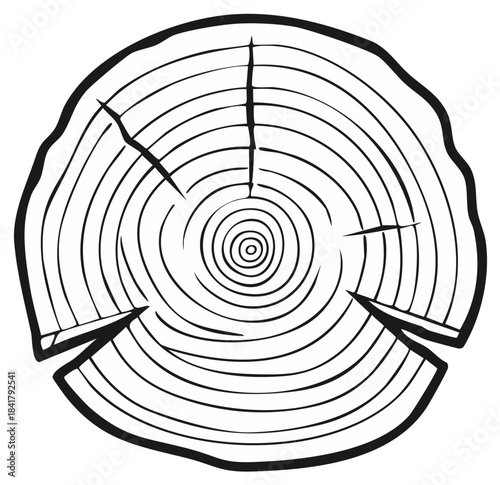 Black and white line art of a tree trunk cross section showing annual growth rings