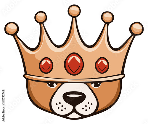 Cartoon illustration of a stern bear king wearing a golden crown with red jewels