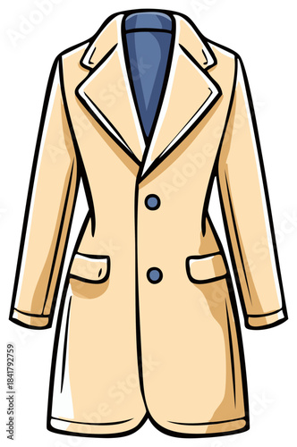 Cartoon illustration of an elegant beige women's trench coat, classic autumn fashion outerwear