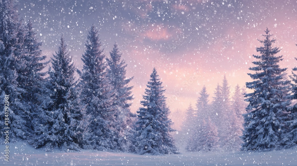 Naklejka premium snowcovered pine trees under falling snow serene winter wonderland scene against twilight sky with copy space