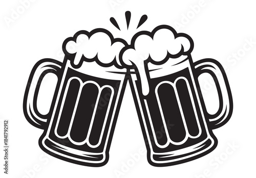 Two frothy beer mugs clinking together in a black and white vector illustration of celebration