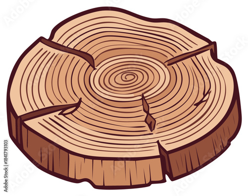 Cartoon illustration of a wood slice with annual rings, featuring cracks and a textured bark edge in a simple vector style