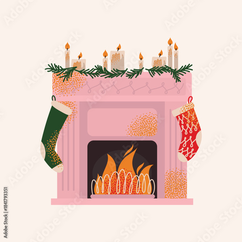 Modern Pink Christmas Fireplace with Hanging Stockings, Lit Candles, and Evergreen Sprigs. Cozy Holiday Hearth. Flat vector illustration. Christmas and winter holiday concept
