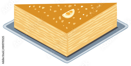 Triangle Layer Cake with Lemon Slice on Plate Tasty Dessert Pastry Vector Illustration