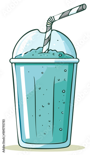 Refreshing aqua blue blended beverage in clear plastic cup with striped straw and dome lid illustration