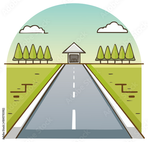 Open road journey illustration leading to a distant building with trees and sky