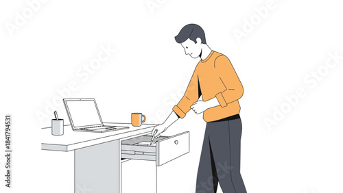 Illustration of a man at his desk opening a drawer beside a laptop computer