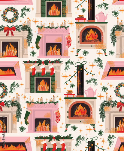 Seamless pattern with decorated fireplaces with burning fire, candles, wreaths, stockings and evergreen branches. Flat vector illustration. Christmas and winter holiday concept