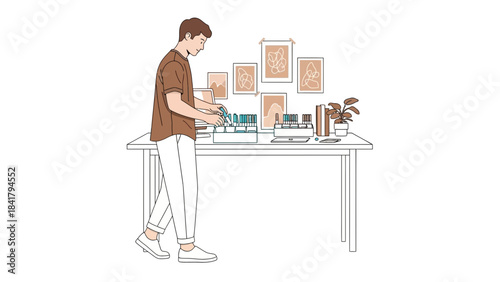 A man arranging office supplies on a desk representing work and productivity