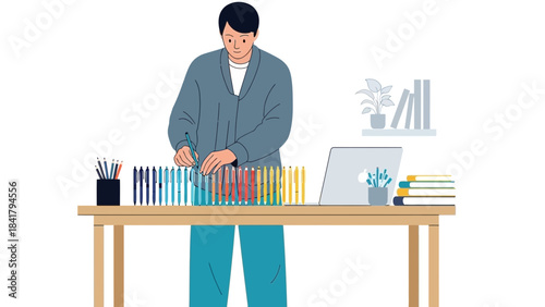 A man arranging pens on a desk, illustrating organization and creativity in his workspace