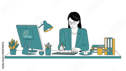A Businesswoman Working at Her Desk with Computer Illustration