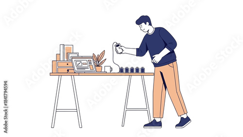 A man connecting a phone charger to multiple outlet in an office setting