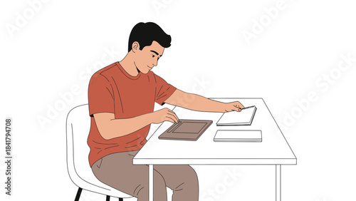 A man sits at a desk, looking at a notepad, conceptualizing work, studying