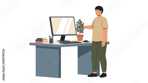 A man tending a plant on his desk in an office environment depicted in a flat style art