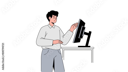 A man touching and interacting with the computer screen in a minimalist illustration