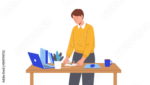 A man working at a desk with a laptop, tablet, and a coffee mug in illustration style