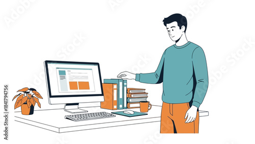 A man working on his computer in a modern office, online work, freelance concept