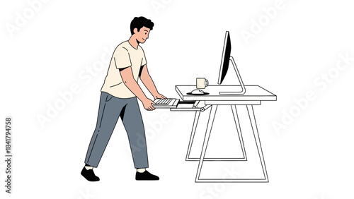 A man working on his computer in an office, using keyboard and mouse, working desk illustration