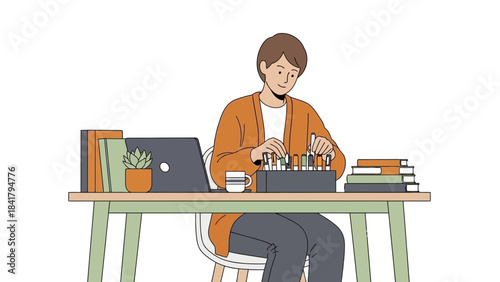 A Person at a Desk Working with Pens and a Laptop, Simple Vector Illustration