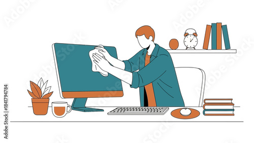 A Person Cleaning a Computer Screen at a Desk in a Modern Office Environment