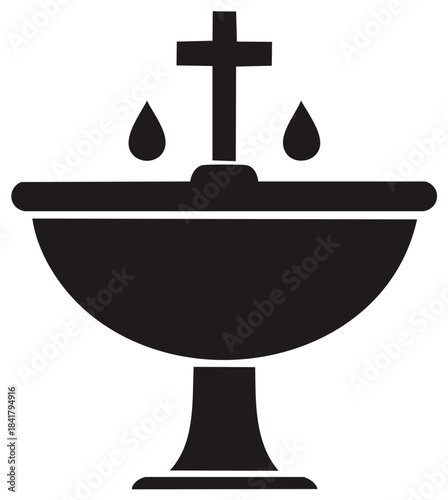 Baptismal font simple vector illustration with cross and water droplets, Christian faith and religious symbol