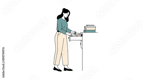 A woman organizing desk drawer with a stack of books illustration vector graphic
