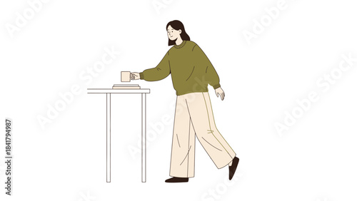 A woman reaches for a cup of coffee resting on a modern white table