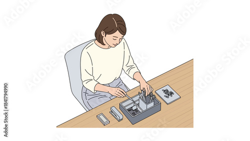 A woman organizing her desk with office supplies, working at her office in a clean environment
